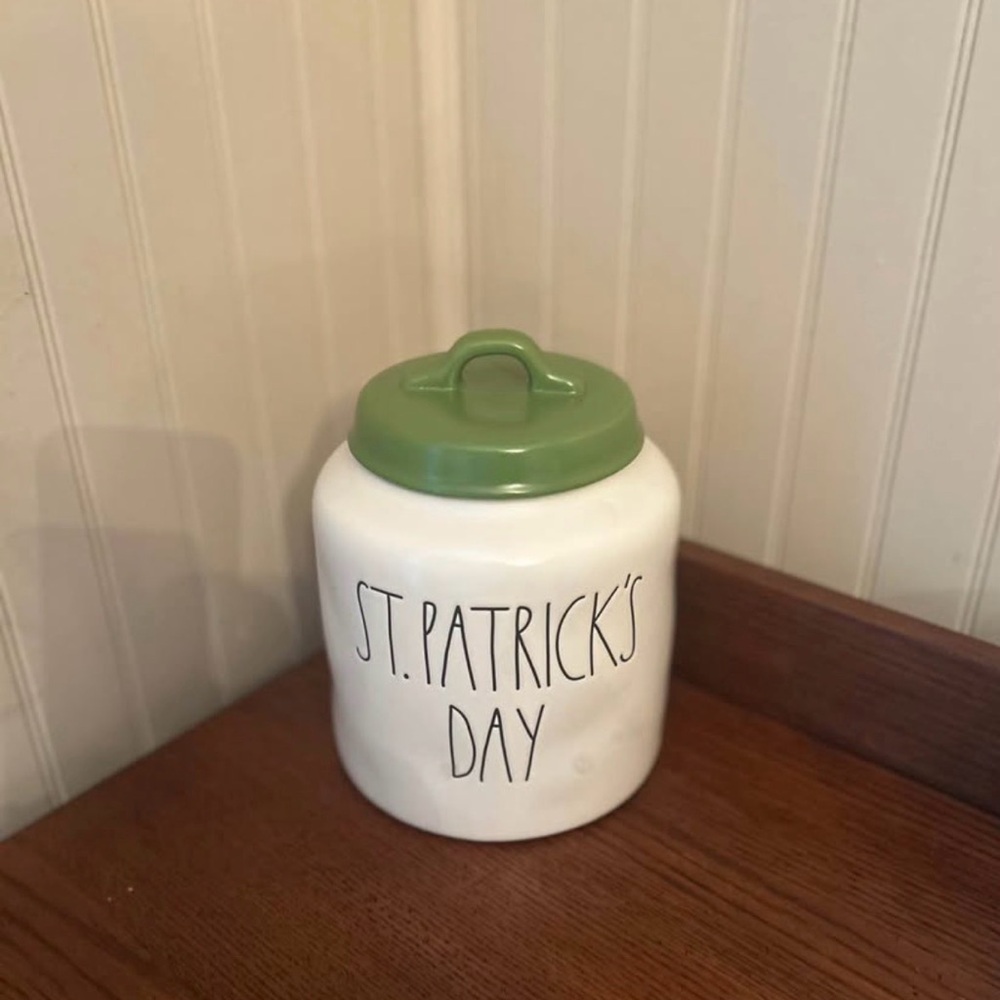 Rae Dunn St. Patrick's Day canister with Green Lid